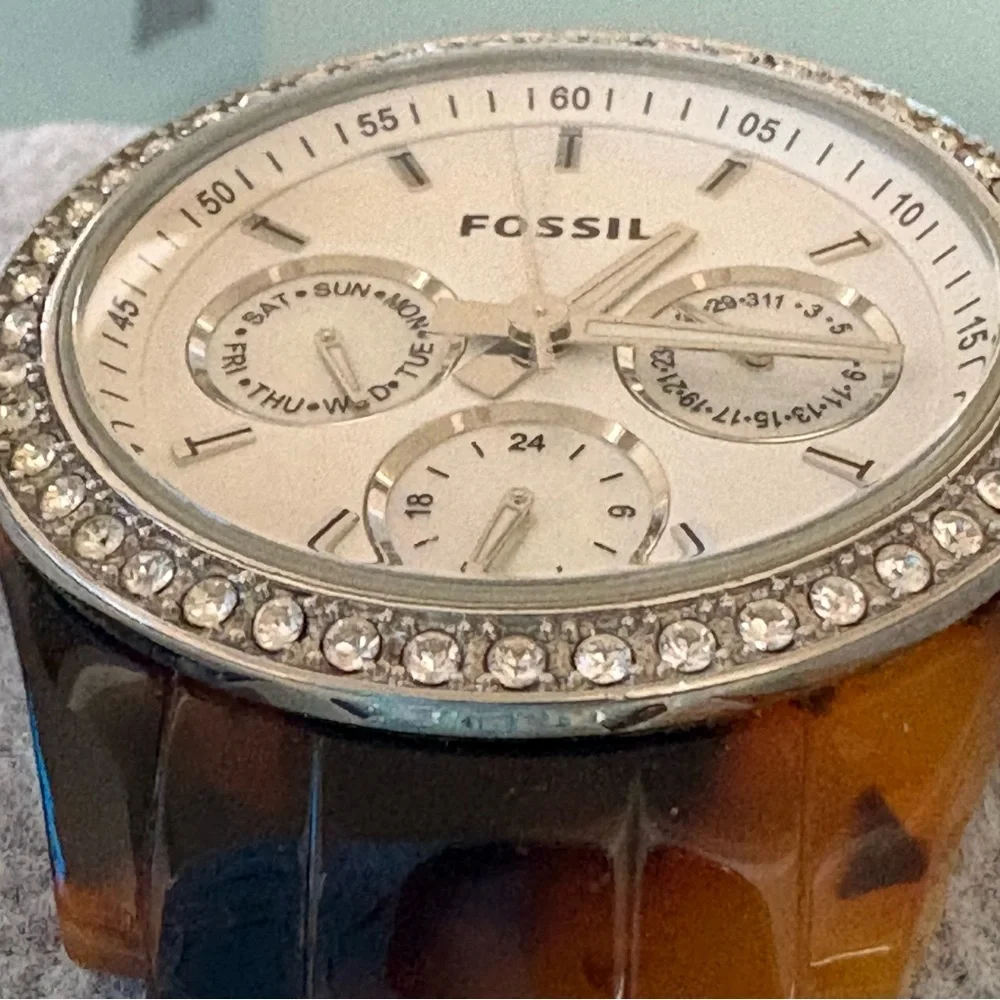Fossil Stella Chronograph Crystal Bezel Tortoise Stainless Steel Bracelet Watch